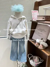 韩系女童秋冬款洋气简约加厚水貂绒连帽毛衣女宝时髦加绒牛仔裤裤