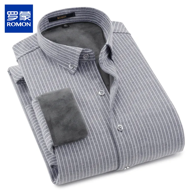 罗蒙高档新款保暖衬衫冬季商务加绒加厚长袖衬衣男士休闲条纹衬衣