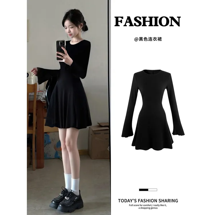 黑色长袖针织连衣裙女风衣内搭打底短裙子巨好看早秋冬季韩系穿搭