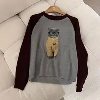 秋季新款猫咪撞色插肩袖圆领显瘦针织上衣（衣长56胸围104）