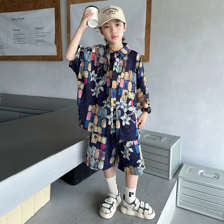 男童夏装2025新款套装时髦儿童装夏季潮男孩短袖痞帅风衬衫两件套