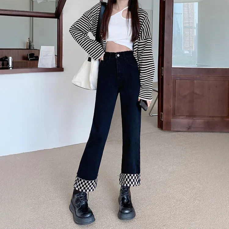 黑色翻边阔腿牛仔裤女秋冬加绒大码胖mm宽松显瘦弹力九分直筒裤子