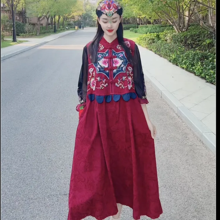 民族风棉麻刺绣马甲裙套装提花马甲连衣裙