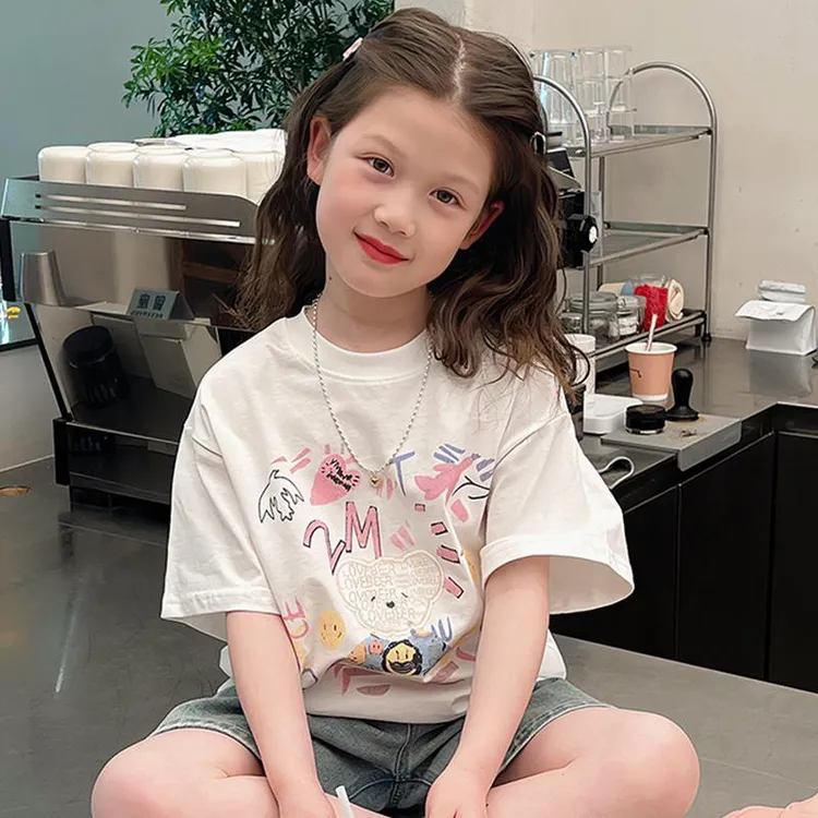 巴拉巴拉适用纯棉大童装韩版白t恤女童网红洋气短袖儿童上衣女孩2