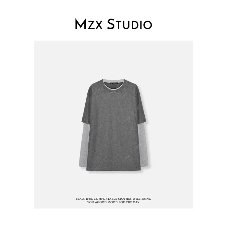 MZX 秋季100新疆长绒棉圆领假两件长袖T恤 SY10025-C