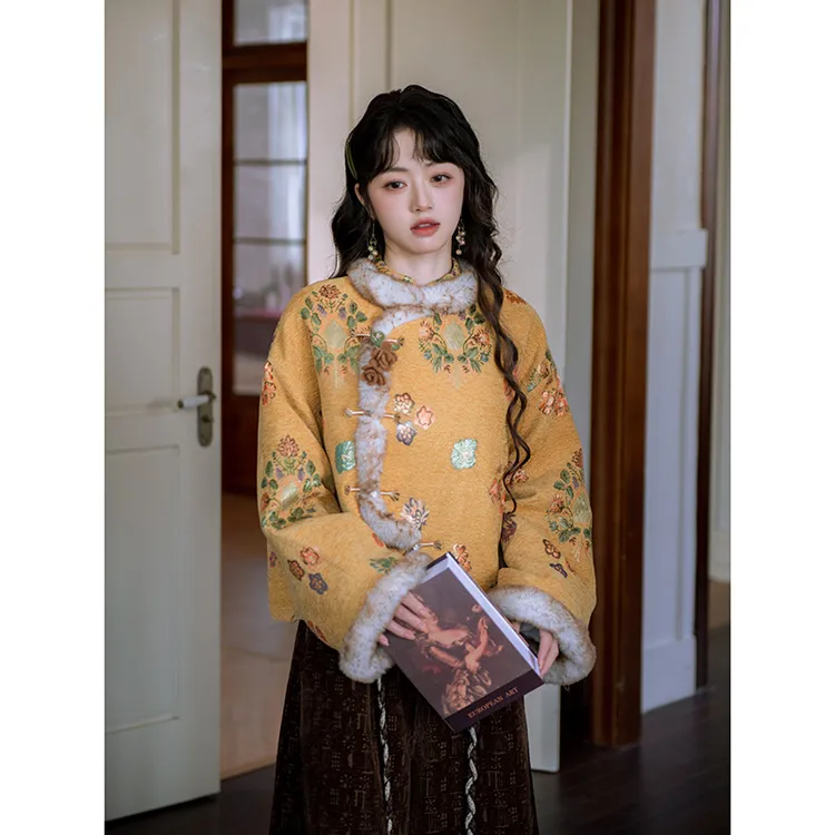 南风谷【金玉茶】复古中国风提花加绒金色保暖外套秋冬新款阔腿裤女