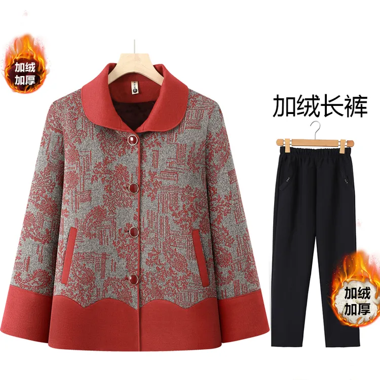 妈妈冬季新款翻领加绒外套中老年女冬款加厚保暖上衣奶奶装衣服