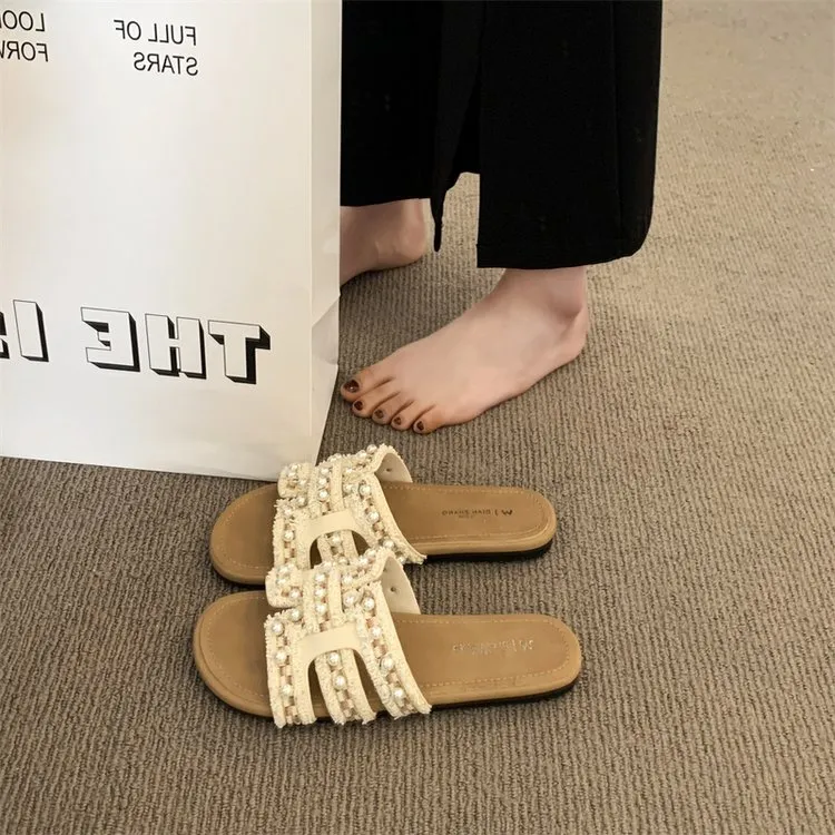 小香风平底拖鞋女夏季外穿百搭轻奢女鞋2025新款软底防滑孕妇凉拖