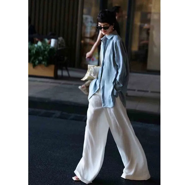 法式女装春夏宽松时尚休闲长袖亚麻衬衫阔腿裤套装松驰感两件套潮