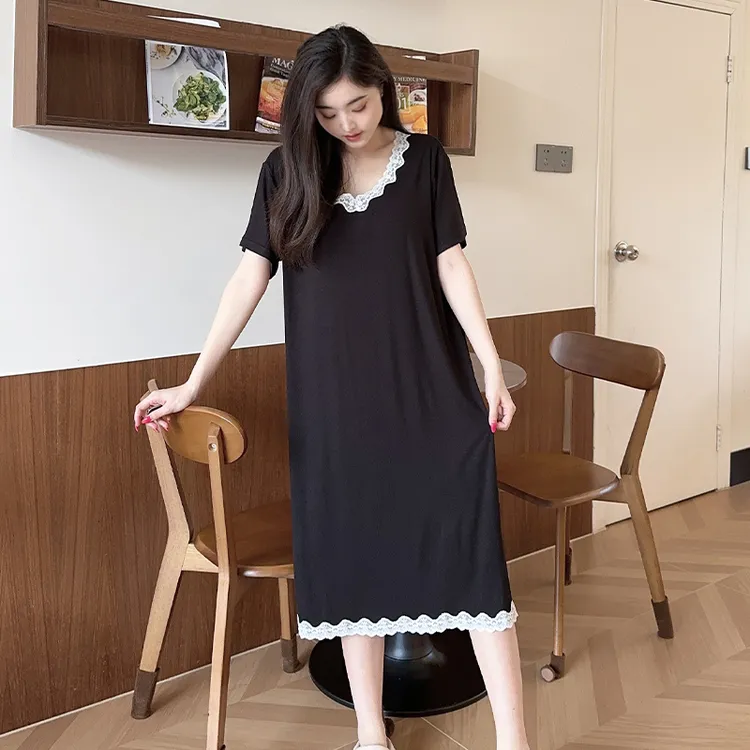 庆同新款莫代尔夏季薄款带胸垫短袖睡裙女士中长款睡衣外穿家居服