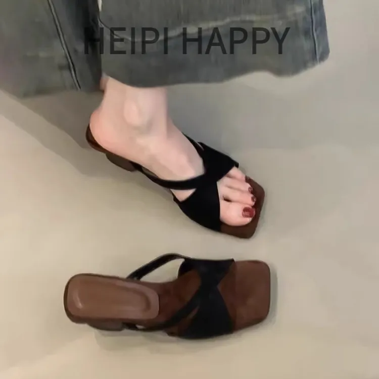 羊皮版2025~法式豹纹高跟粗跟拖鞋凉鞋女夏外穿露趾女式中跟凉鞋