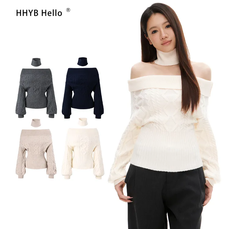 HHYB Hello韩系轻奢感纱线厚织Z字纹路驼色一字肩毛衣女M1397