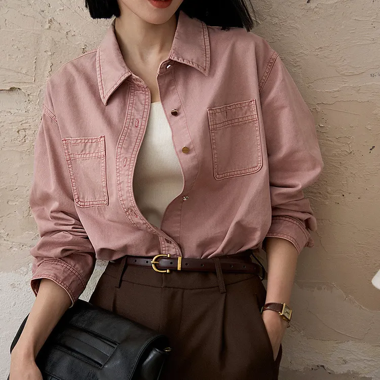 老钱风高版本极简干练大女主松弛感牛仔女装长袖衬衣2025秋冬新款