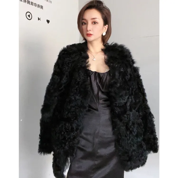 杨幂同款羊羔毛外套皮毛一体短款环保毛毛黑色秋冬小羊卷毛年轻款