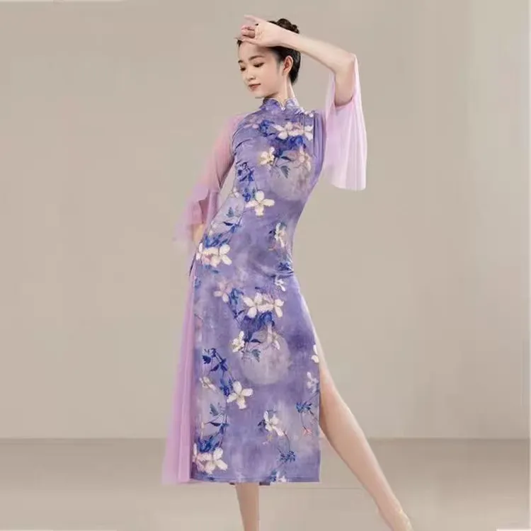 新款古典舞蹈服单侧双侧纱衣旗袍练功服飘逸旗袍