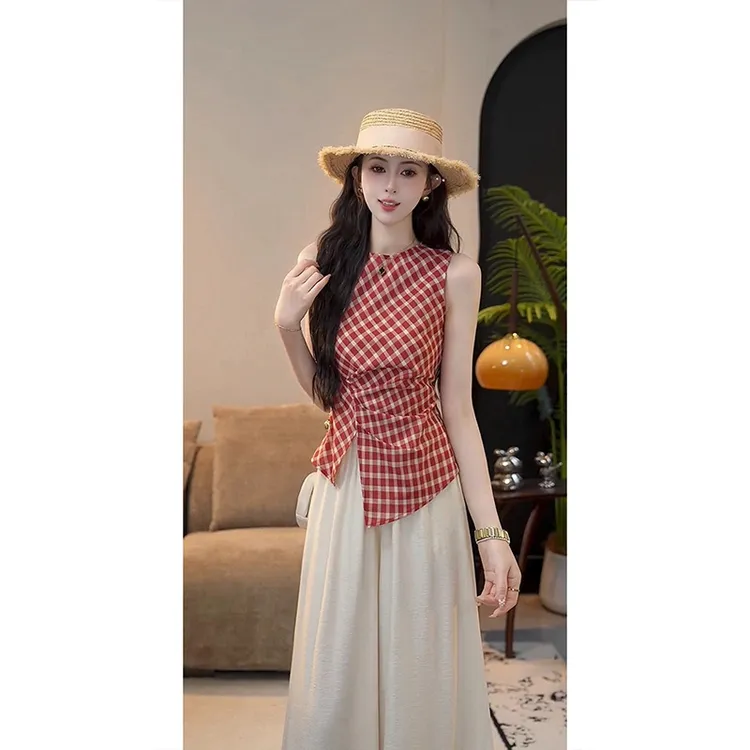 【红格绮梦】夏季新款红色格子设计感显瘦衬衫女