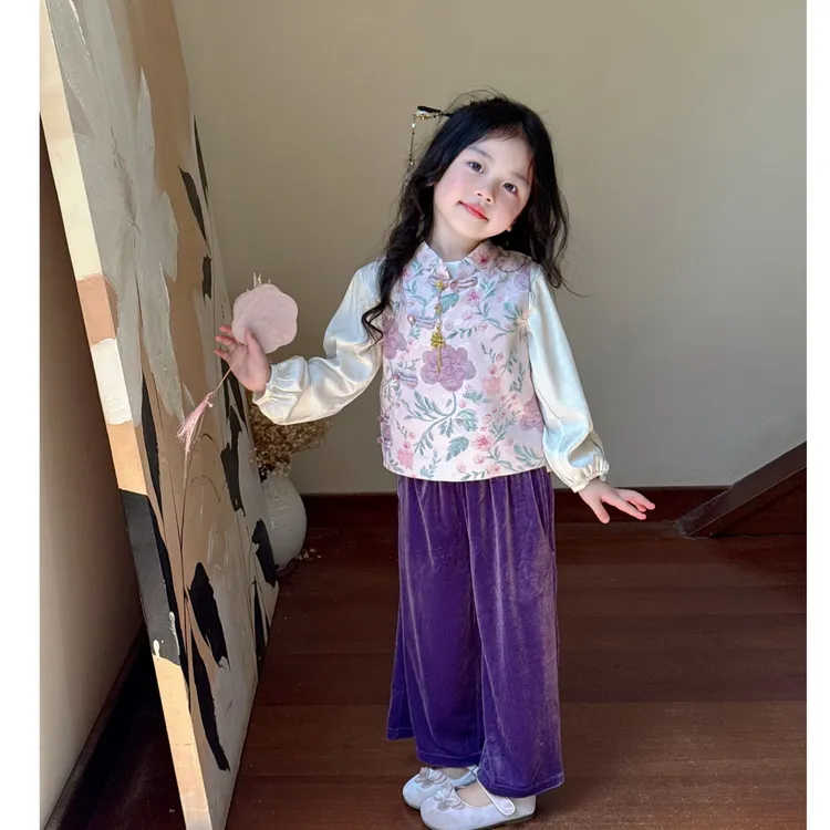 壹妈童装秋季新款中国风女童新中式国风唐装马甲丝绒裤子套装