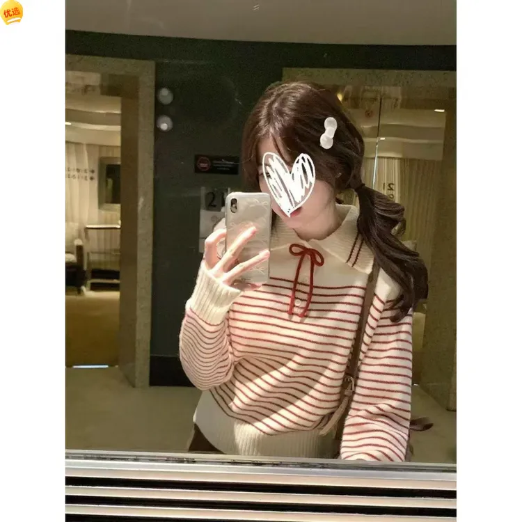 韩系翻领条纹针织绑带毛衣女2025秋冬新款减龄甜美百搭短款针织衫