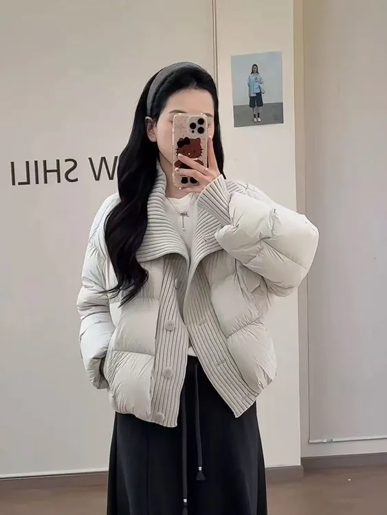 羽绒服女2025冬季新款短款小个子面包服洋气针织拼接韩系宽松外套