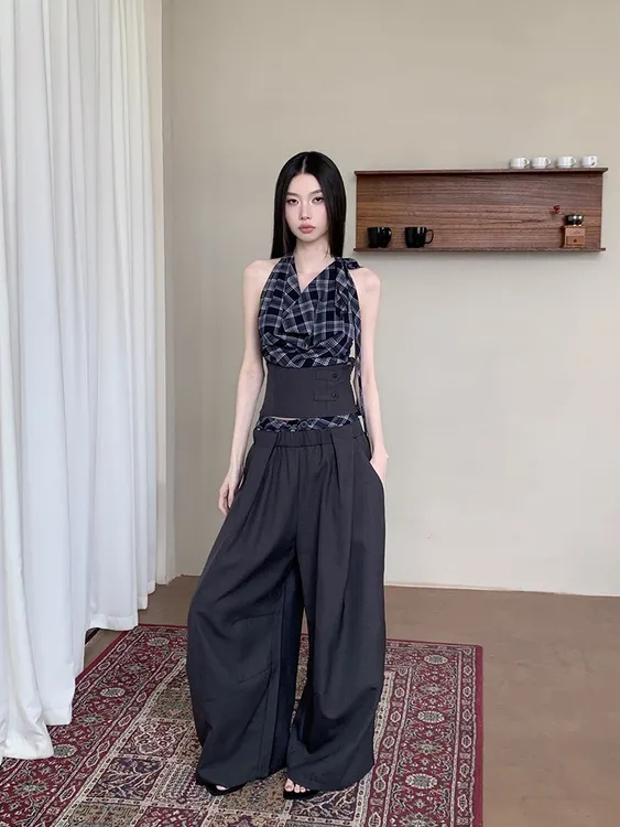 MOONSEE 韩系千金感格纹挂脖收腰背心上衣女夏宽松长裤两件套装裤