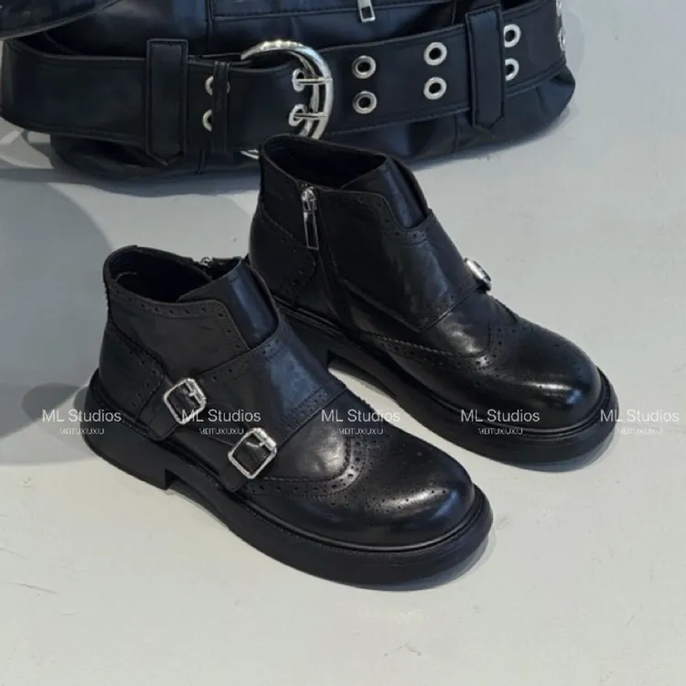 火火【布洛克鞋雕花短靴】5103-61圆头乐福鞋皮鞋休闲软底复古