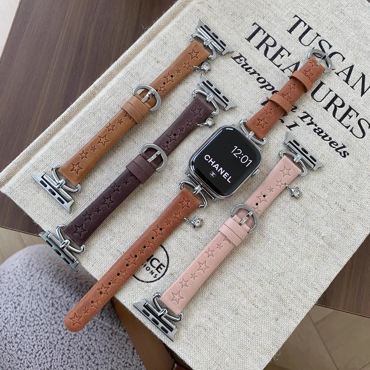 适用苹果iWatch[复古星星]真皮Apple watch手表秋冬通勤腕带表带