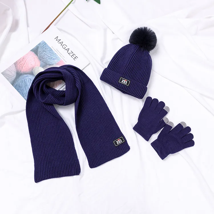 毛线帽子围巾手套秋冬季保暖纯色百搭男女童加绒护耳防风三件套