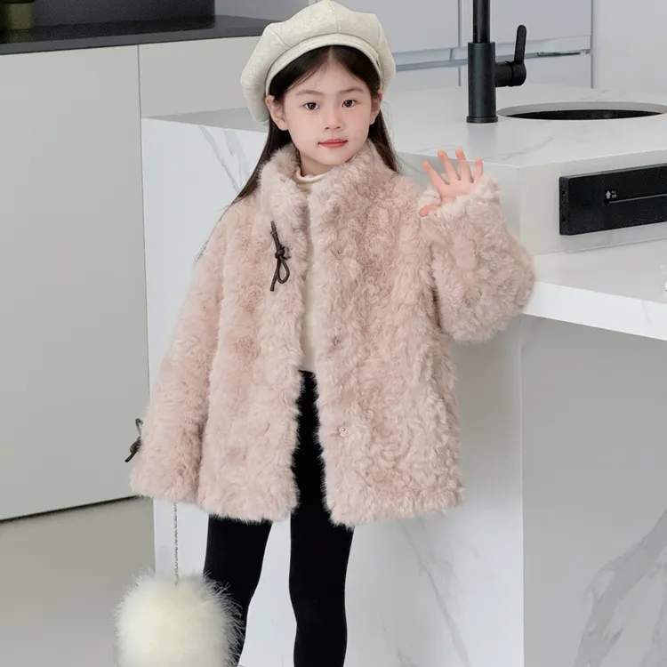 新款女童环保粉花狐毛毛外套儿童皮毛一体大衣洋气宝宝冬装保暖