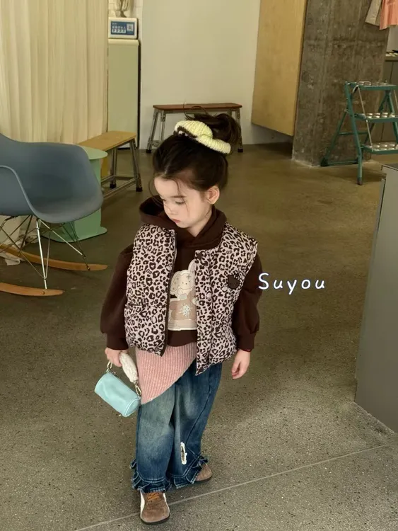 25苏右豹纹深秋两面穿马甲冬季宝宝加厚小童加绒秋冬时尚女童洋气