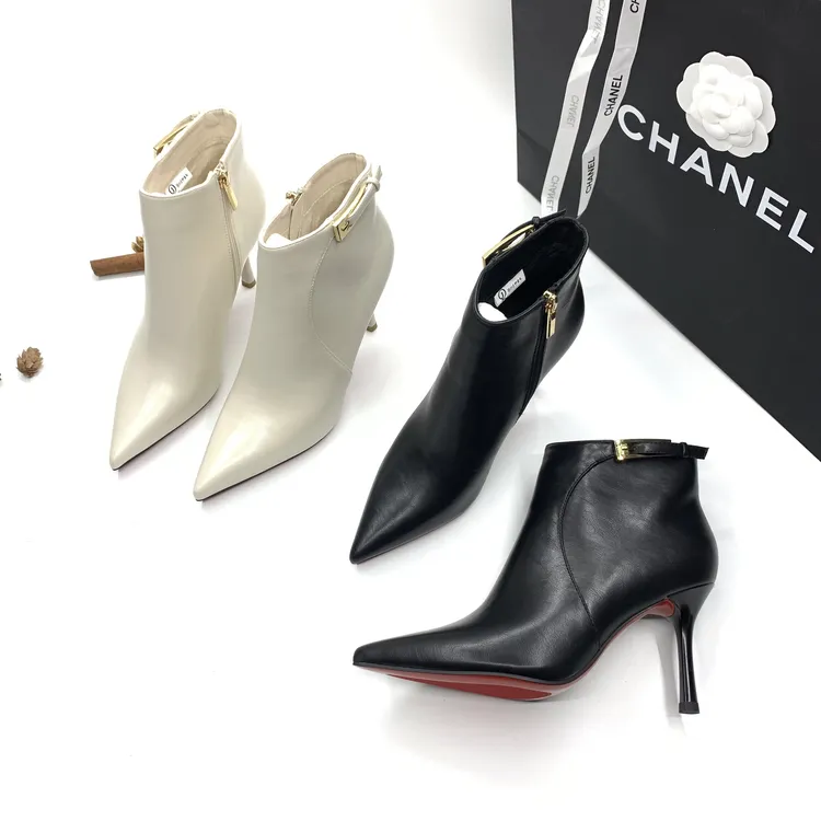 【7厘米】金属扣尖头秋冬细跟舒适短靴气质百搭高跟女靴子RY6668-1