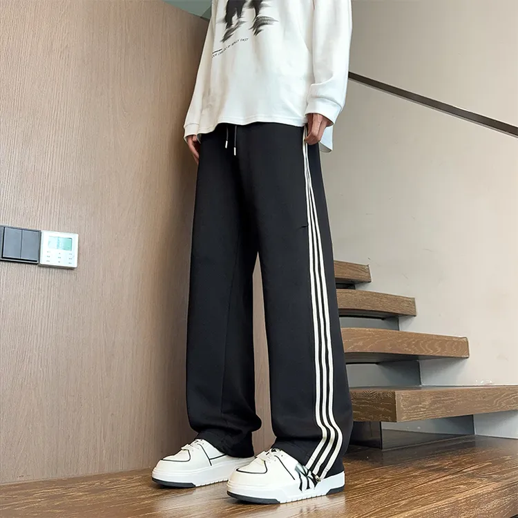 大码灰色卫裤秋季加肥加大学生条纹直筒裤大码男装胖人显瘦裤子