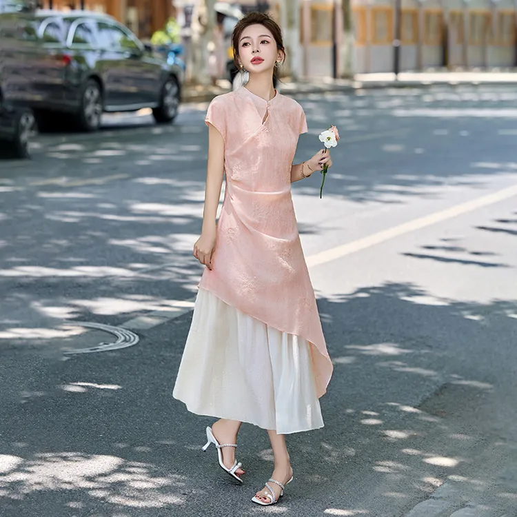 新中式国风改良旗袍连衣裙女2025夏季新款气质提花假两件收腰长裙
