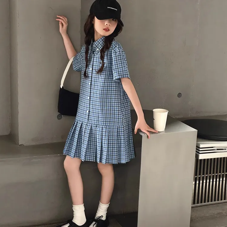 女童格子连衣裙2025新款夏装儿童短袖裙子A字裙夏季小女孩学院风