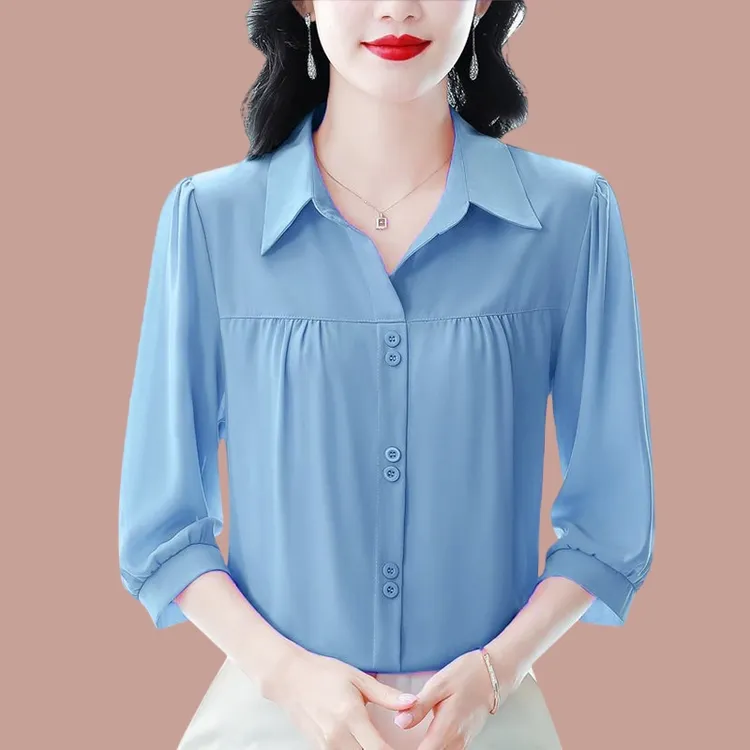 夏季薄款七分袖纯色设计感雪纺上衣洋气显瘦百搭气质时尚小衫女士