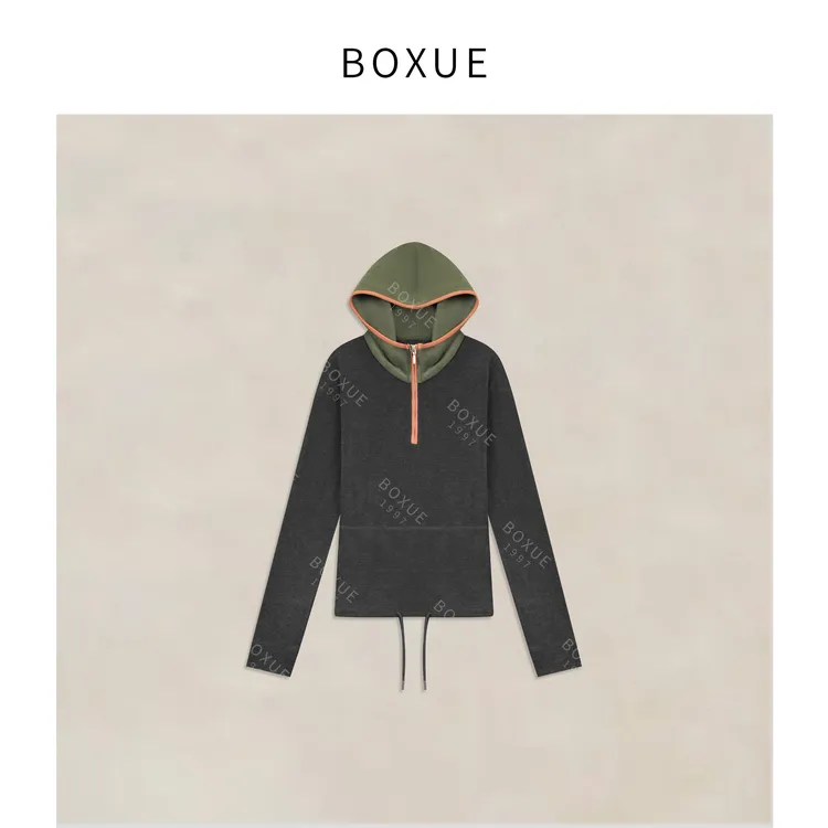 BOXUE“墨韵”2025秋冬高级感拼色连帽轻奢卫衣#251022WY5840