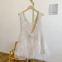 C4749蝴蝶结钩花网纱拼接亮片V领针织马甲