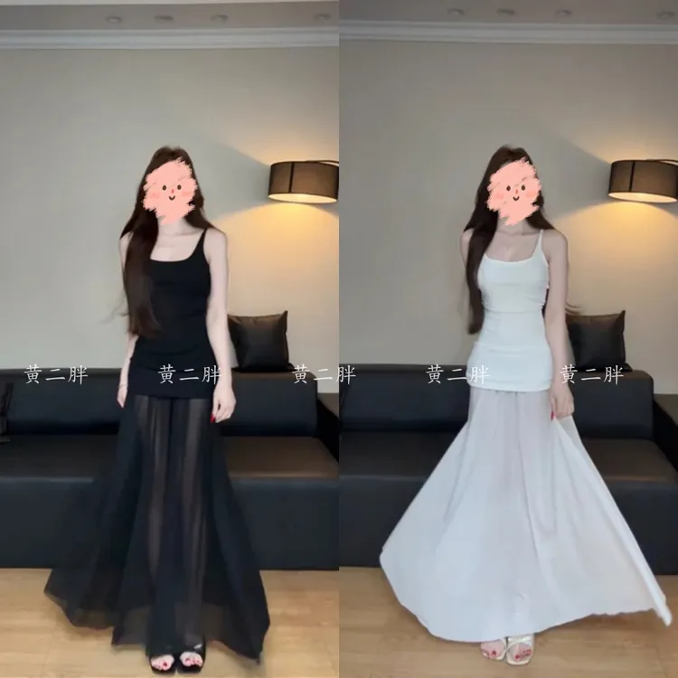 【现货】夏季新款吊带连衣裙女网纱拼接紧身收腰鱼尾长裙包臀裙子