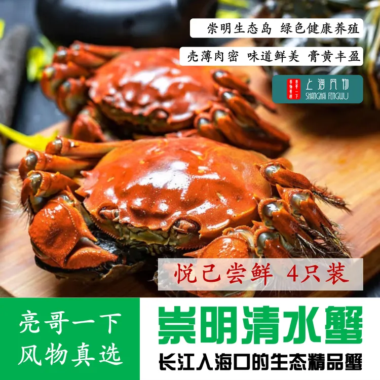[活蟹4只装]崇明清水蟹 绿色有机生态精品大闸蟹公3.5两母2.5两起
