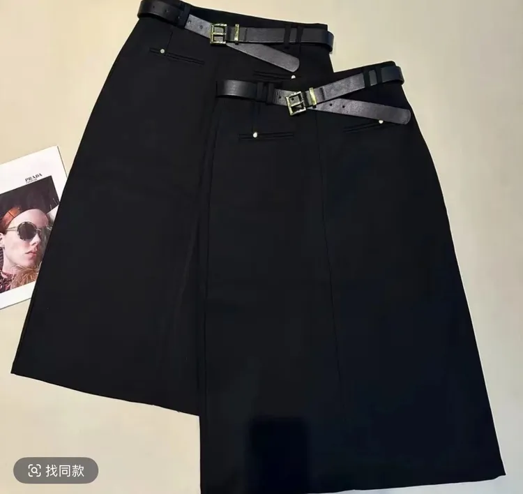 6808秋季新品时尚洋气百搭纯色黑色显瘦气质腰带款开叉半身裙