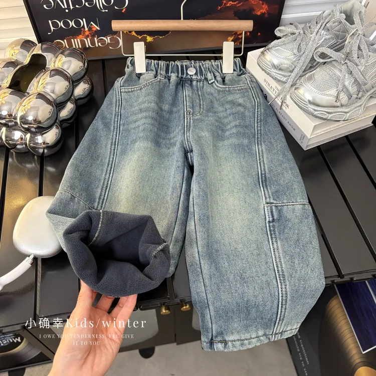 【简约百搭】2025冬季加绒加厚男女童水洗休闲软牛仔潮流宽松