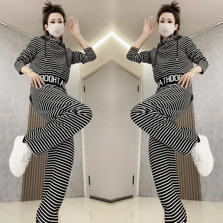 欧货休闲运动套装女2025秋季新款时尚显瘦条纹连帽卫衣长裤两件套