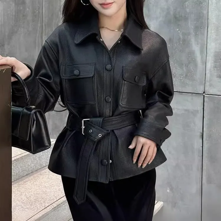 翻领皮衣外套女2025春季新款时尚爆款收腰显瘦设计感百搭短款上衣