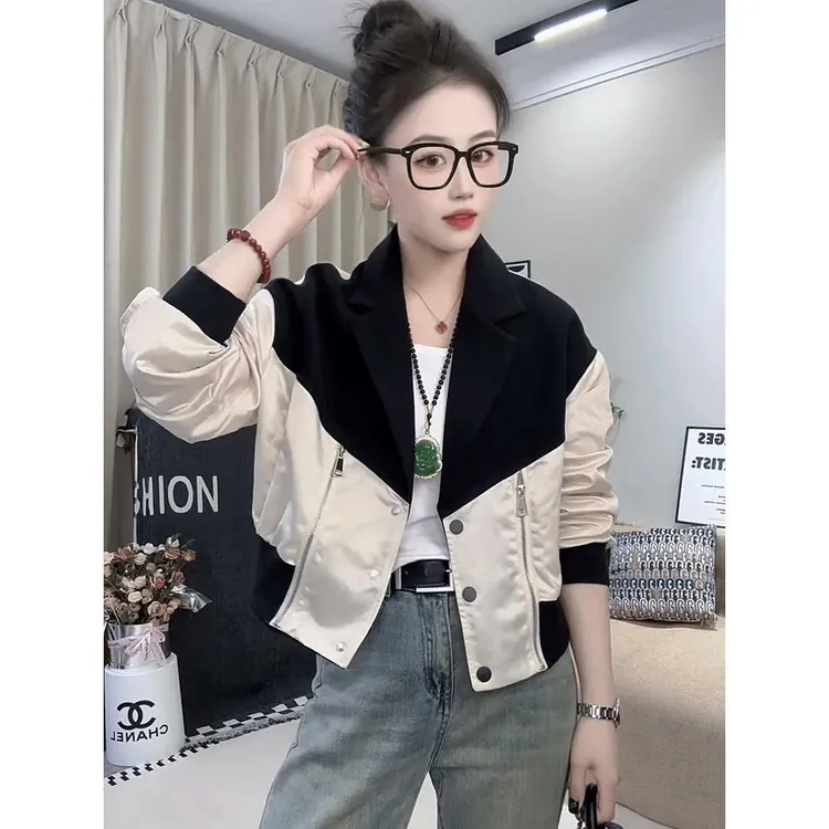 接对比色棒球制服夹克女式秋季新宽松修身Look多功能夹克上衣新潮