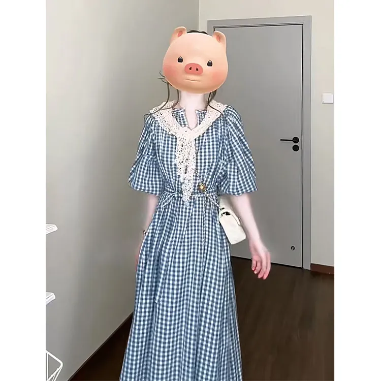 连衣裙女2025夏季新款法式气质泡泡袖百搭收腰显瘦中长款格纹裙子