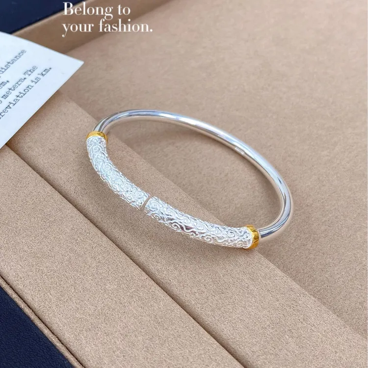 足银手镯 如意金箍棒手镯镯子新中式开口祥云雕刻可调节送礼