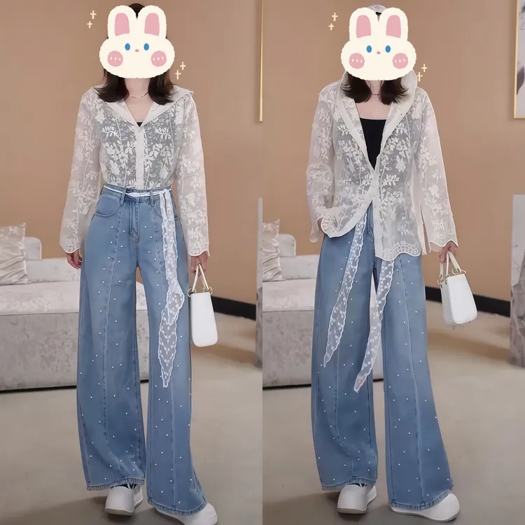 【暮光之城】春秋季法式蕾丝镂空百搭上衣外套+珍珠牛仔裤BB50171