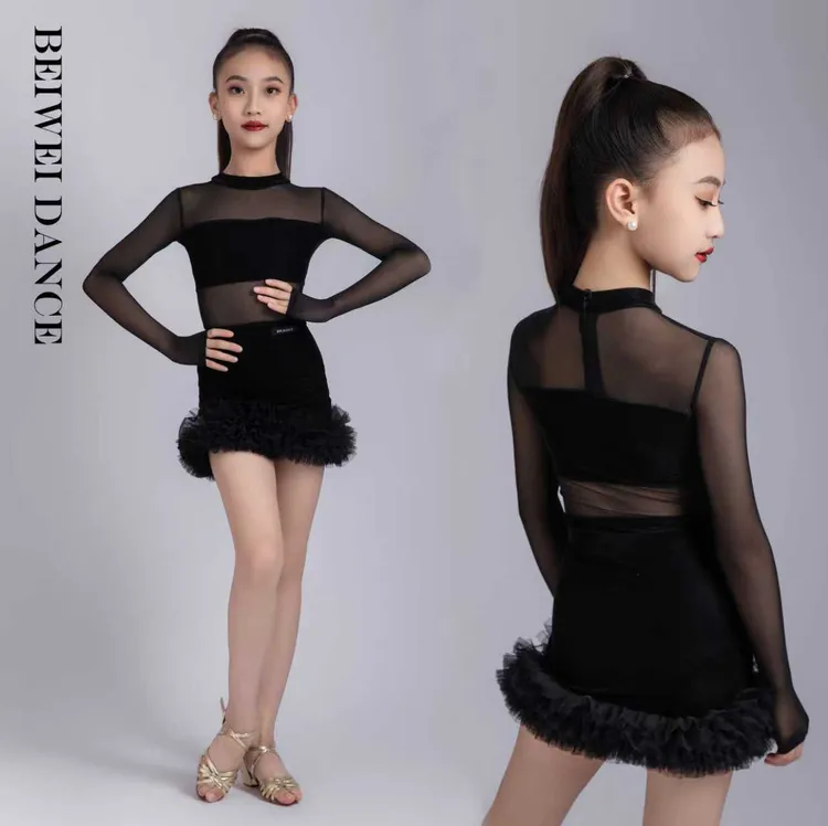 秋冬新款儿童拉丁黑网纱花边包臀练功服网红高档拉丁表演服
