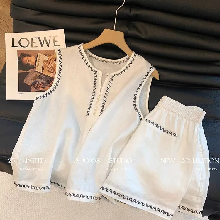 2025新款宽松时尚鸡心领无袖坎肩刺绣高腰短裤麻料套装873