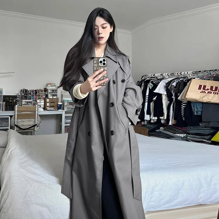 灰色风衣外套女中长款2024新款早春秋韩系小个子高级感英伦风大衣