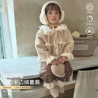 现货【嘿甜心】深秋冬新品童装韩系花边半边绒家居套装-25025